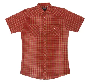 Men's Western Shirt: White Horse Short Sleeve Plaid Red Gold White