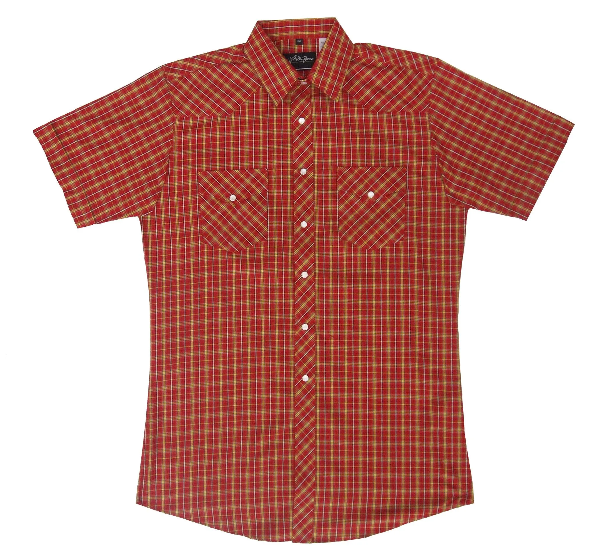 Men's Western Shirt: White Horse Short Sleeve Plaid Red Gold White