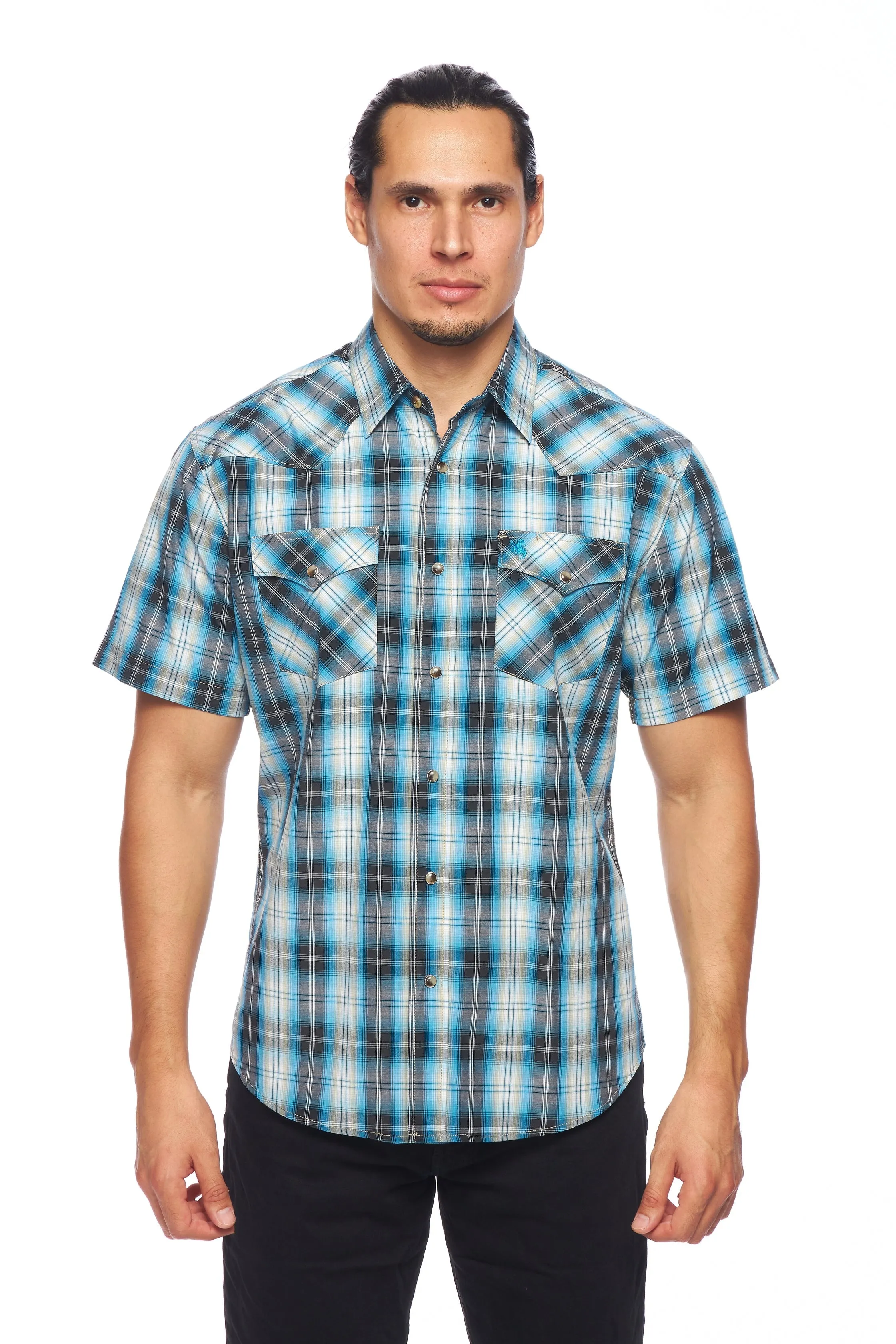 Men's Western Short Sleeve Pearl Snaps Plaid Shirt-PS400S-478