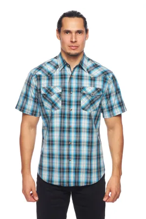 Men's Western Short Sleeve Pearl Snaps Plaid Shirt-PS400S-478