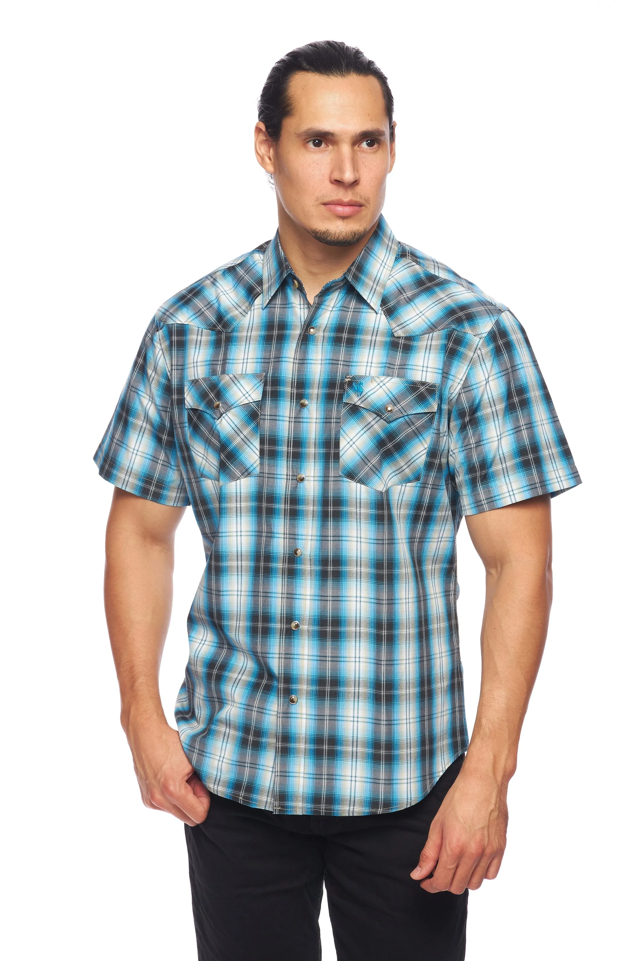 Men's Western Short Sleeve Pearl Snaps Plaid Shirt-PS400S-478