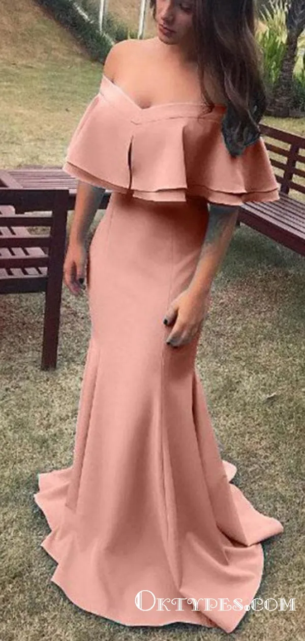 Mermaid Off-the-Shoulder Pink Long Cheap Mermaid Prom Dresses, TYP1865