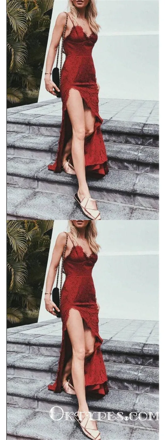 Mermaid Spaghetti Strap Floor-Length Lace Burgundy Prom Dresses, TYP1914