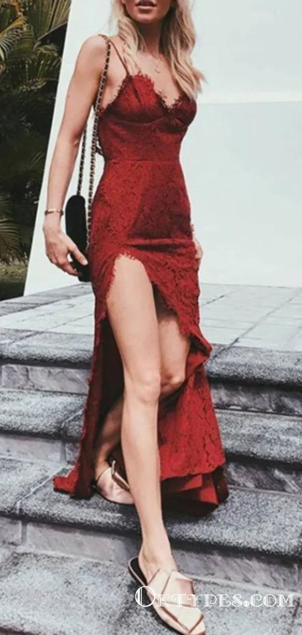Mermaid Spaghetti Strap Floor-Length Lace Burgundy Prom Dresses, TYP1914