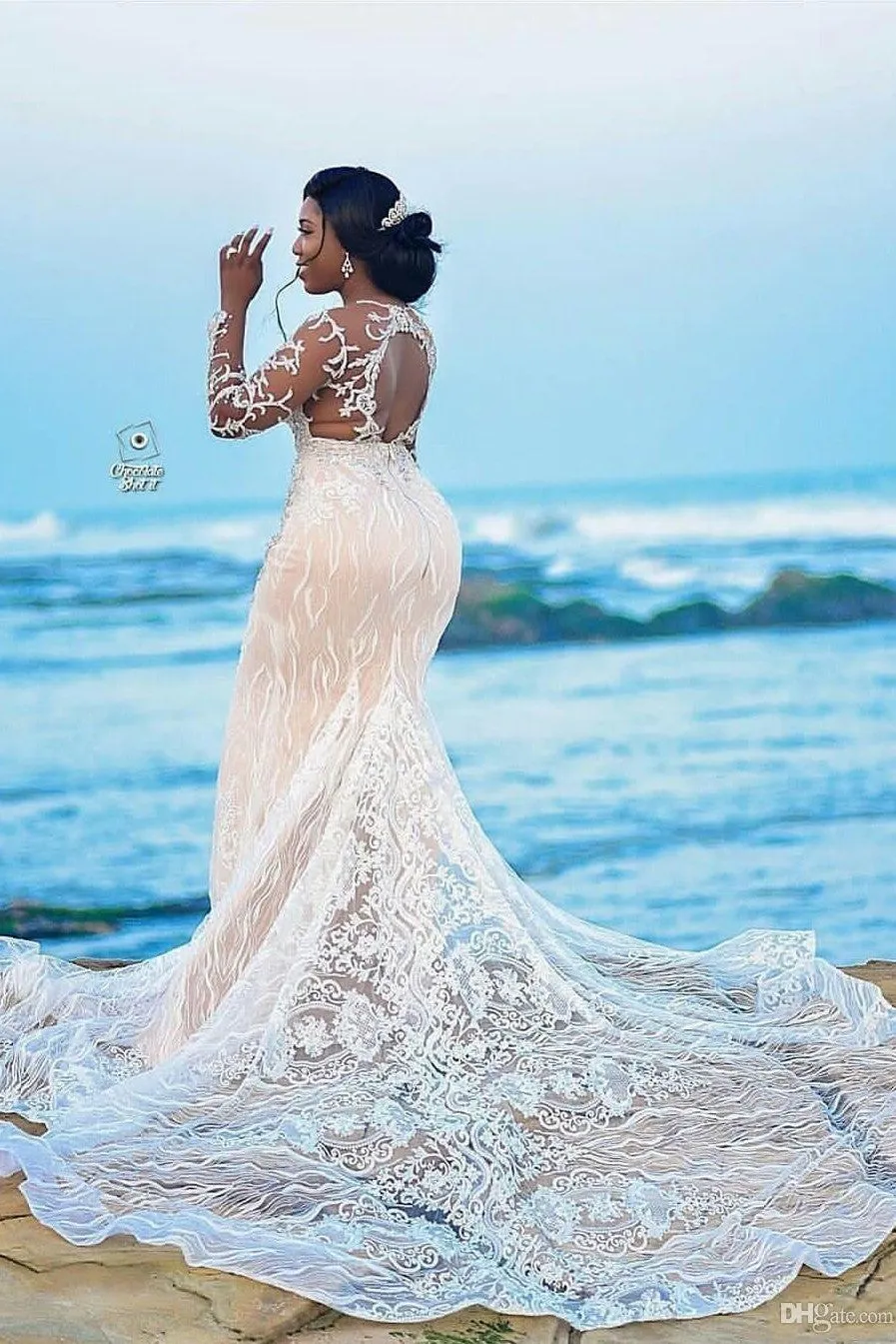 Mermaid Strapless Chapel Train Long Sleeves Tulle Lace Beading Wedding Dress