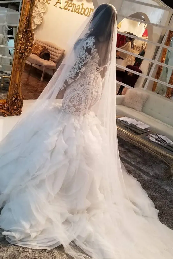 Mermaid Sweetheart Long Train Long Sleeves Backless Organza Applique Wedding Dress
