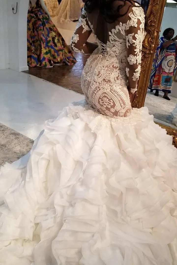 Mermaid Sweetheart Long Train Long Sleeves Backless Organza Applique Wedding Dress