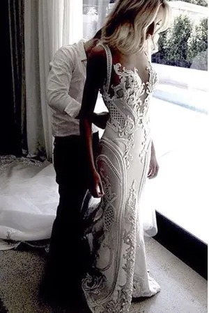 Mermaid V-neck Lace Wedding Dresses With Court Train, Wedding Gown, MW797