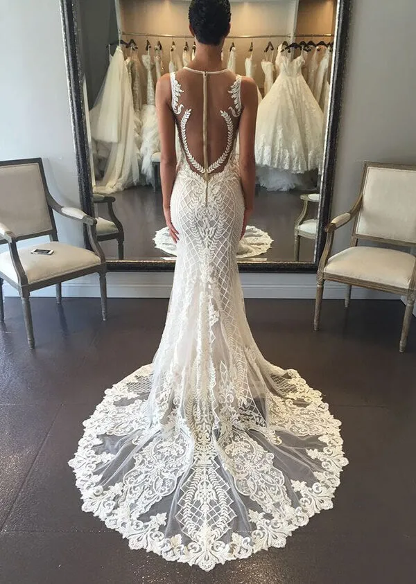 Mermaid V-neck Lace Wedding Dresses With Court Train, Wedding Gown, MW797
