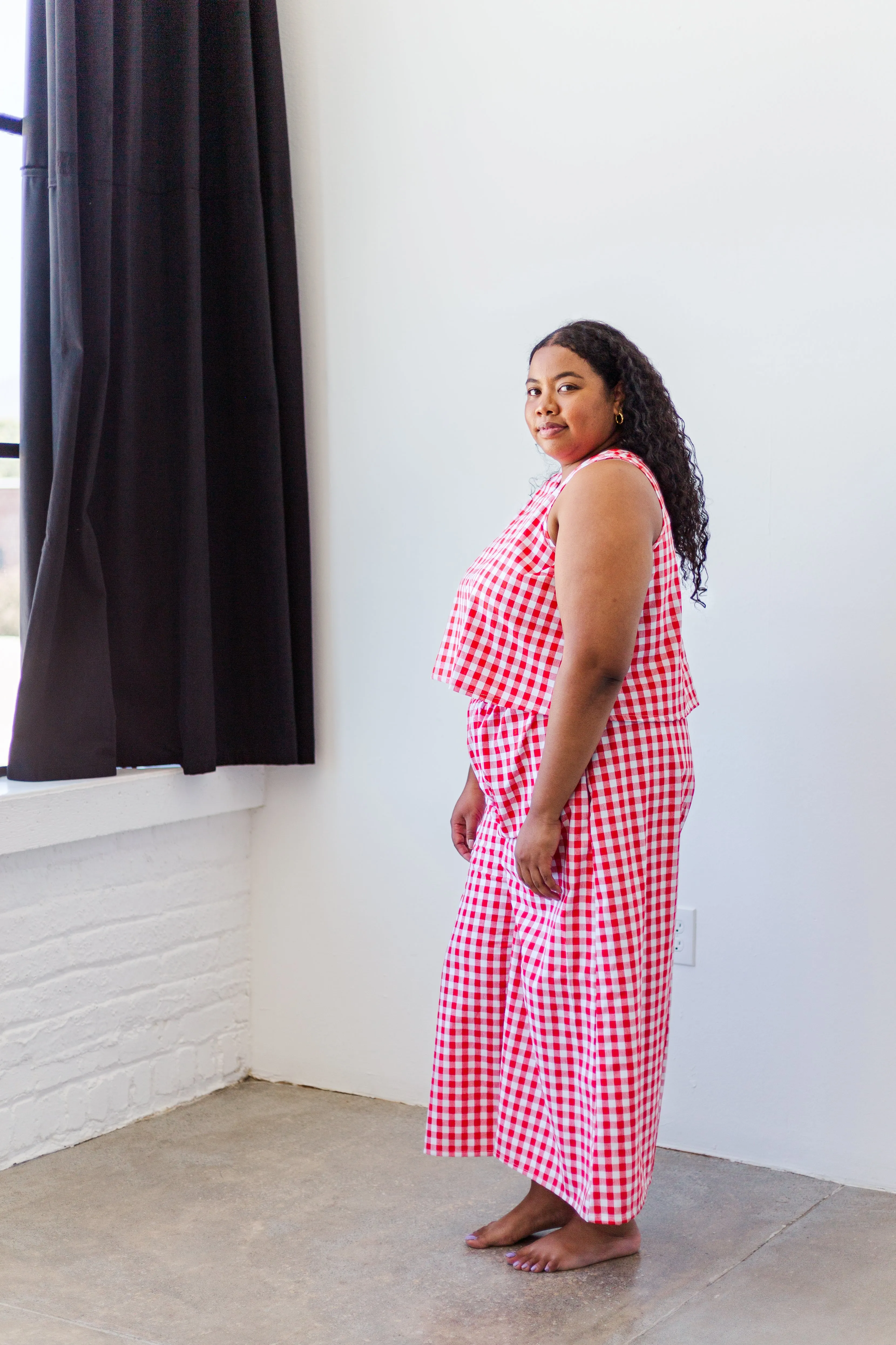 Mid Easy Flare in Red/White Gingham Cotton Linen (RTS)