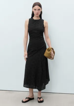 Midi Dress With Openwork Embroidery Motifs - Black