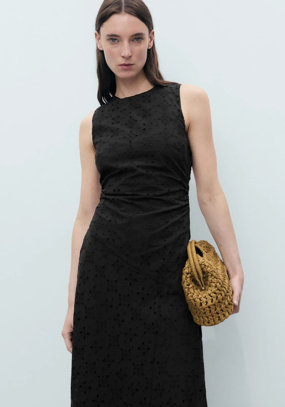 Midi Dress With Openwork Embroidery Motifs - Black