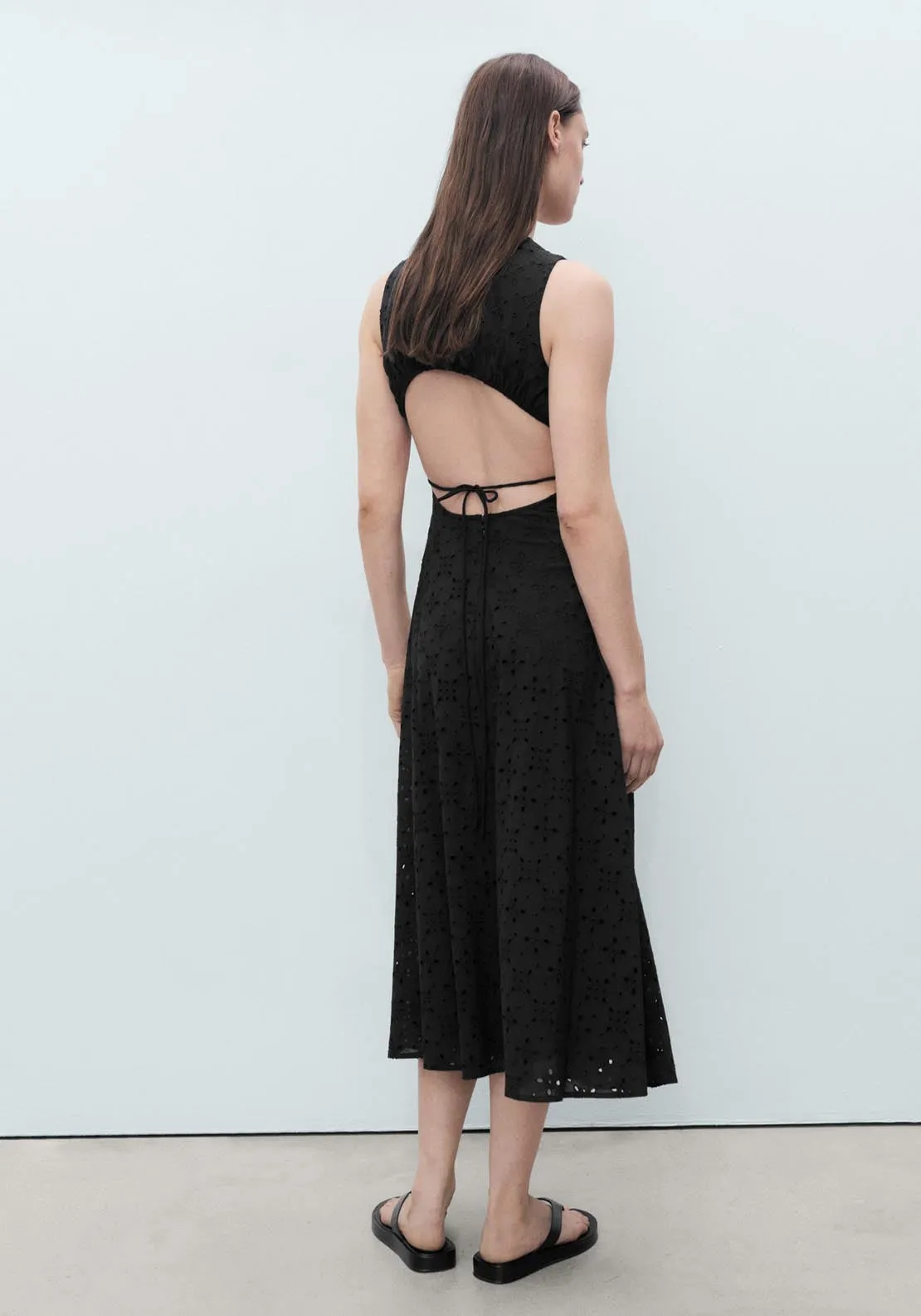Midi Dress With Openwork Embroidery Motifs - Black