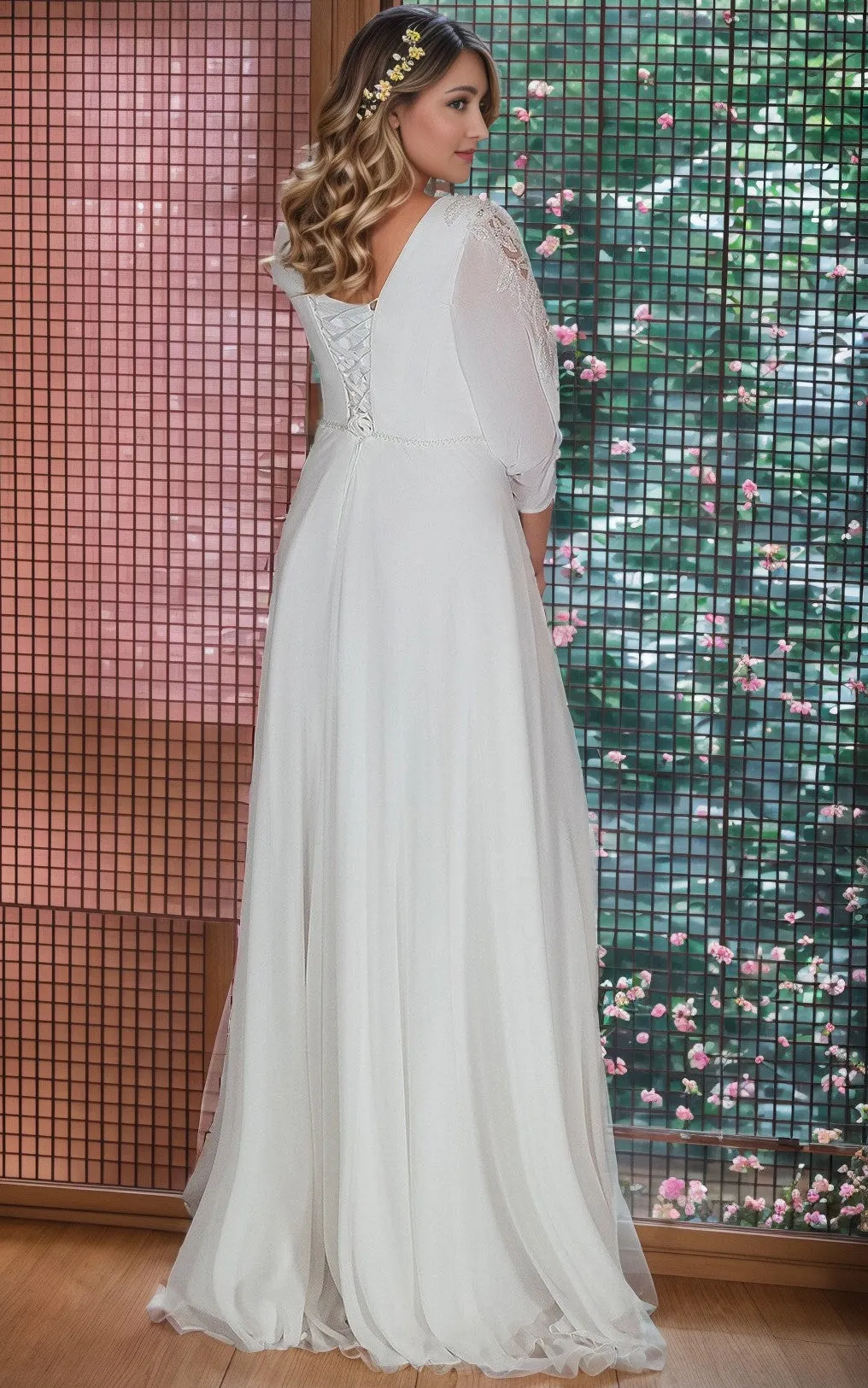 Minimalist Plus Size Sheer Sleeves A-Line Maxi Wedding Dress Enchanted Airy Elegant Forest Garden Tied Back Chiffon Gown