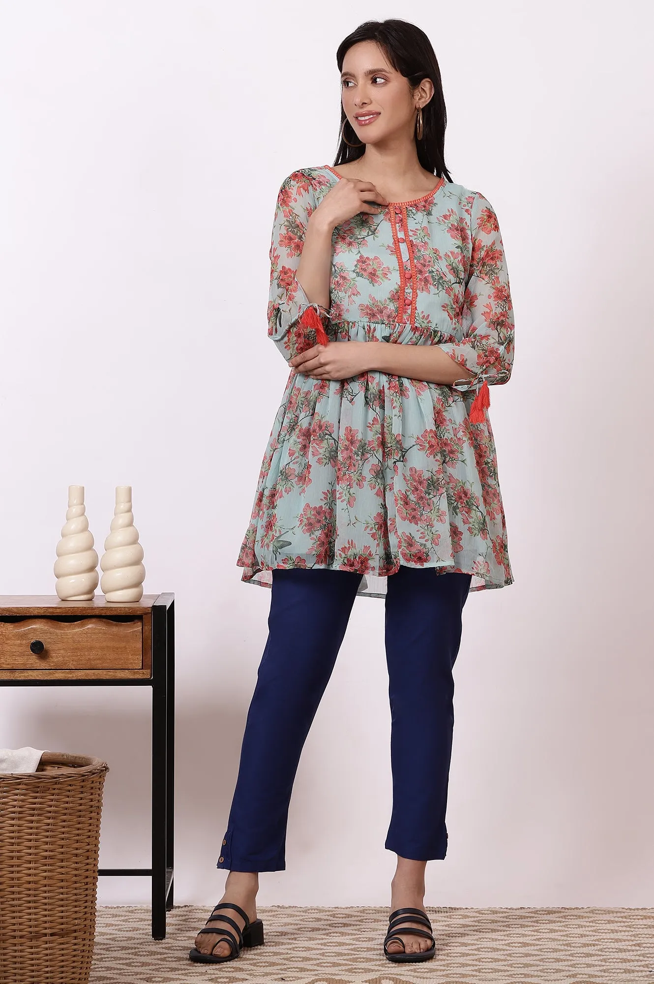 Mint Green Floral Printed Gathered Short Kurti and Blue Pants Set