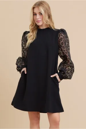 Mix-Fabric Dress W/Frilled Neck