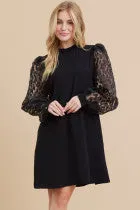 Mix-Fabric Dress W/Frilled Neck