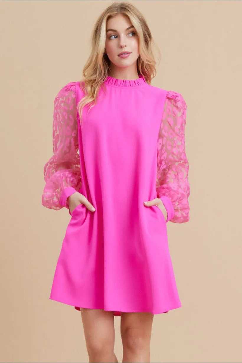 Mix-Fabric Dress W/Frilled Neck