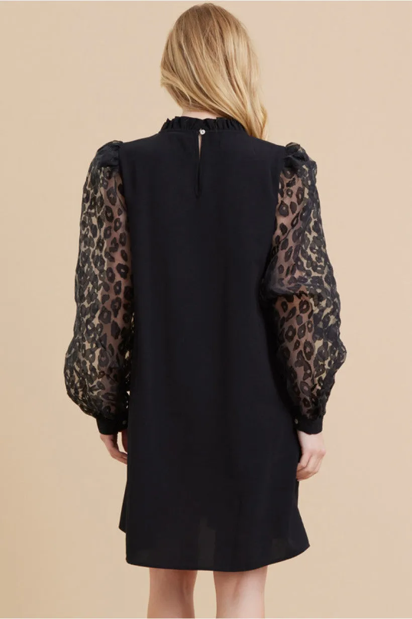 Mix-Fabric Dress W/Frilled Neck