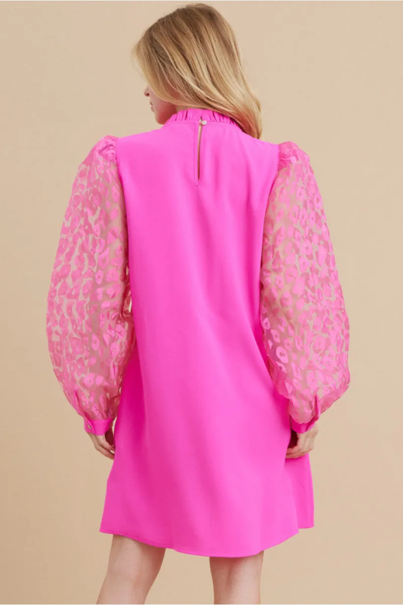 Mix-Fabric Dress W/Frilled Neck