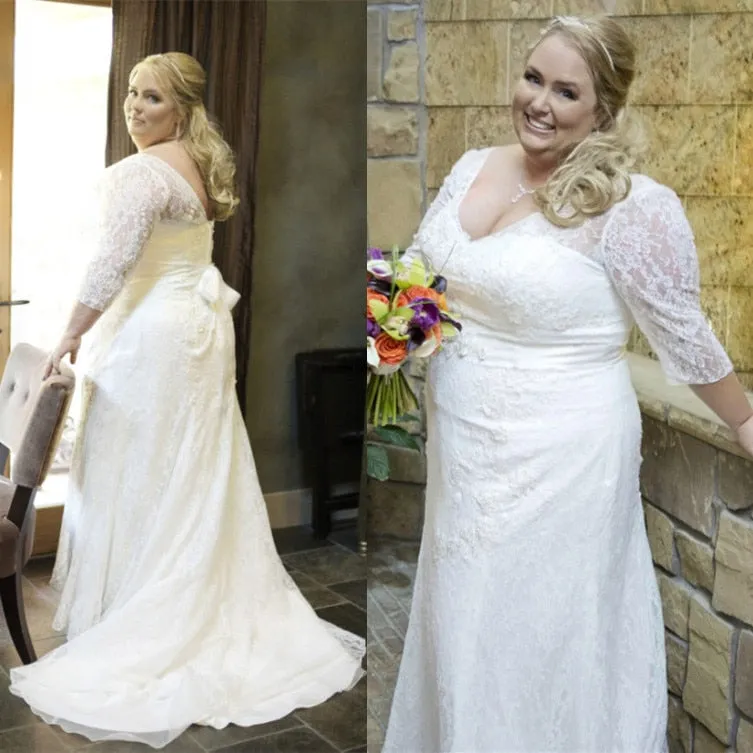 Modern Plus Size Wedded Dress With Lace Sleeves Custom Made