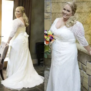 Modern Plus Size Wedded Dress With Lace Sleeves Custom Made