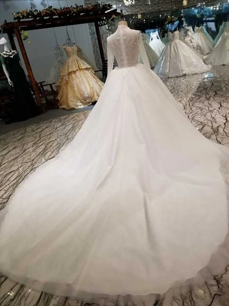 Modest 2019 Wedding Dresses Full Sleeve Lace Beaded Tulle Puffy Ruffles Ball Gown Bridal Dress