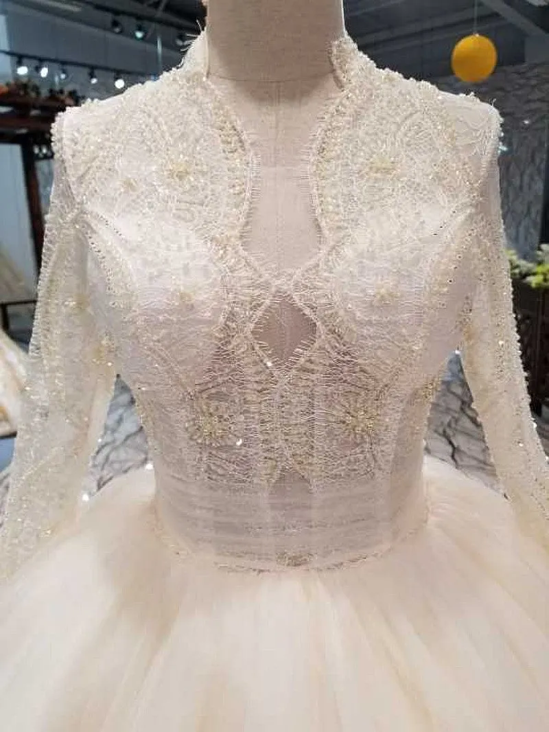 Modest 2019 Wedding Dresses Full Sleeve Lace Beaded Tulle Puffy Ruffles Ball Gown Bridal Dress