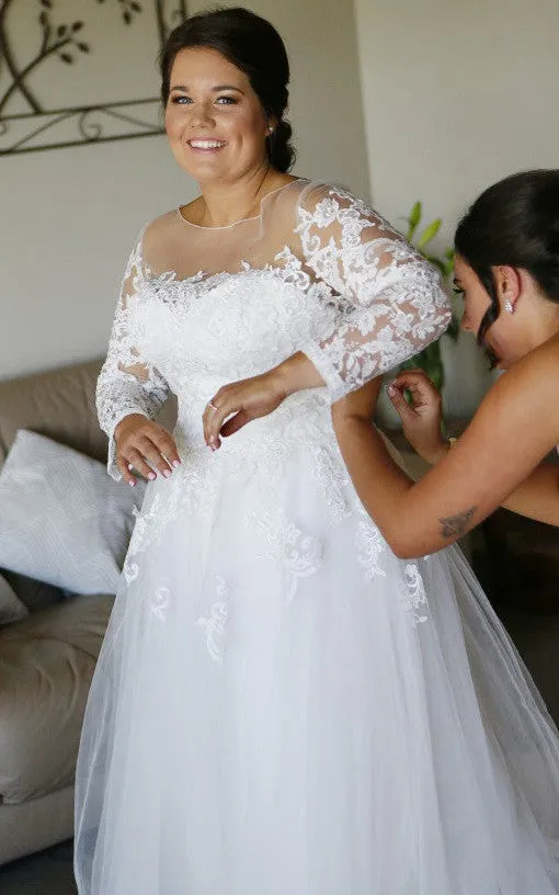 Modest Plus Size Long Sleeve Lace A Line Illusion Wedding Dress with Appliques-716290
