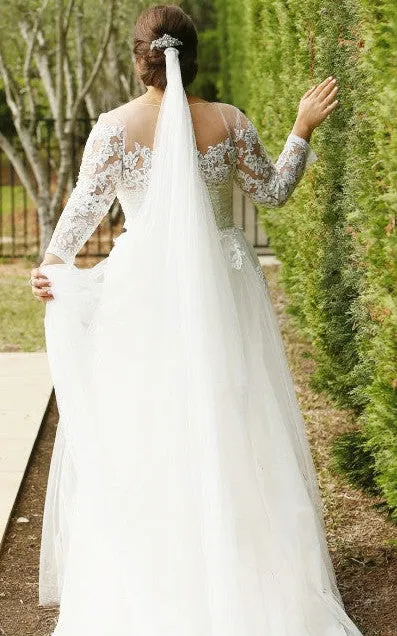 Modest Plus Size Long Sleeve Lace A Line Illusion Wedding Dress with Appliques-716290
