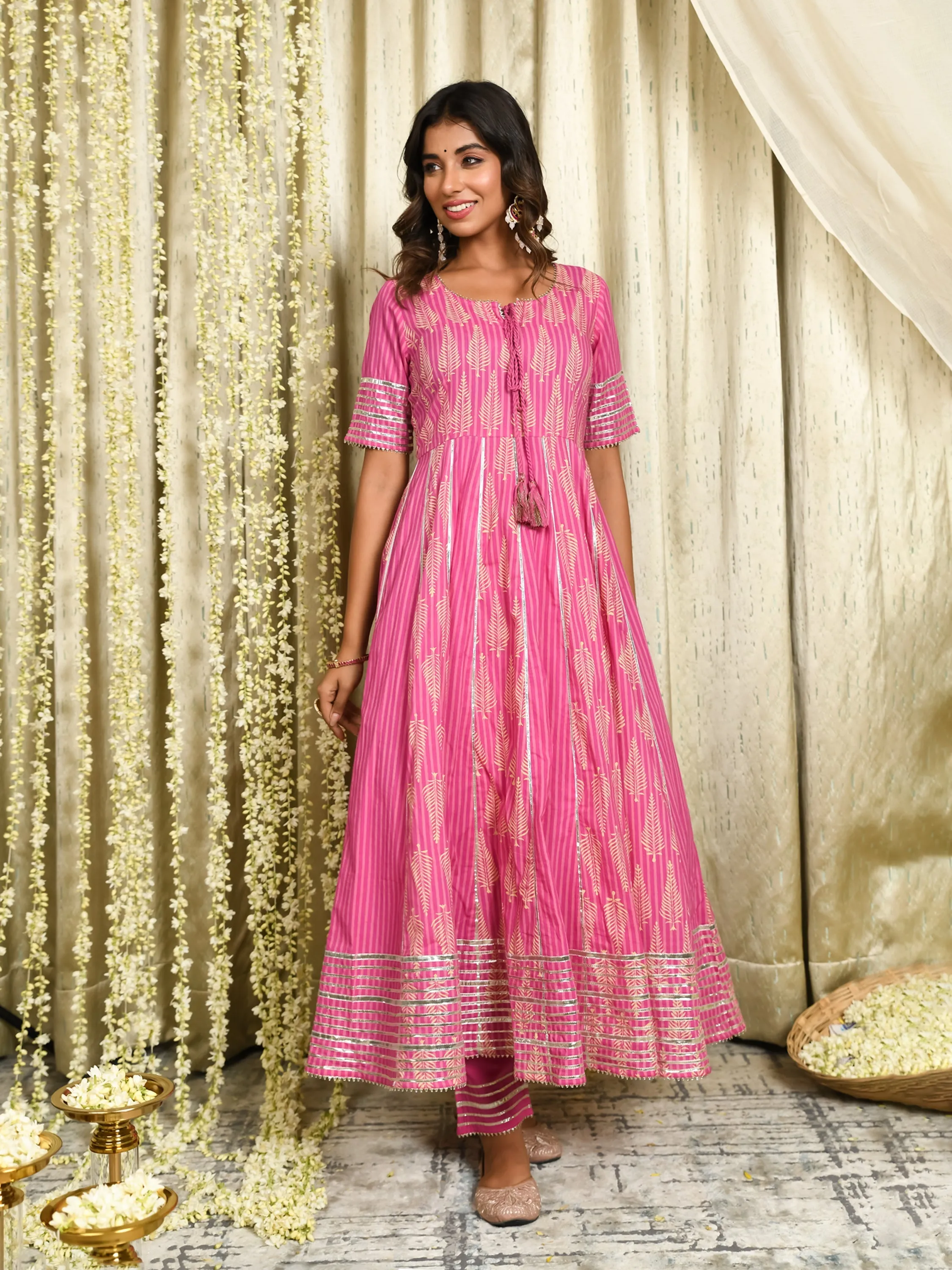 MULMUL BHAIRAVI PINK BLOCK PRINTED PANELED KURTA-PANTS & DUPATTA SET