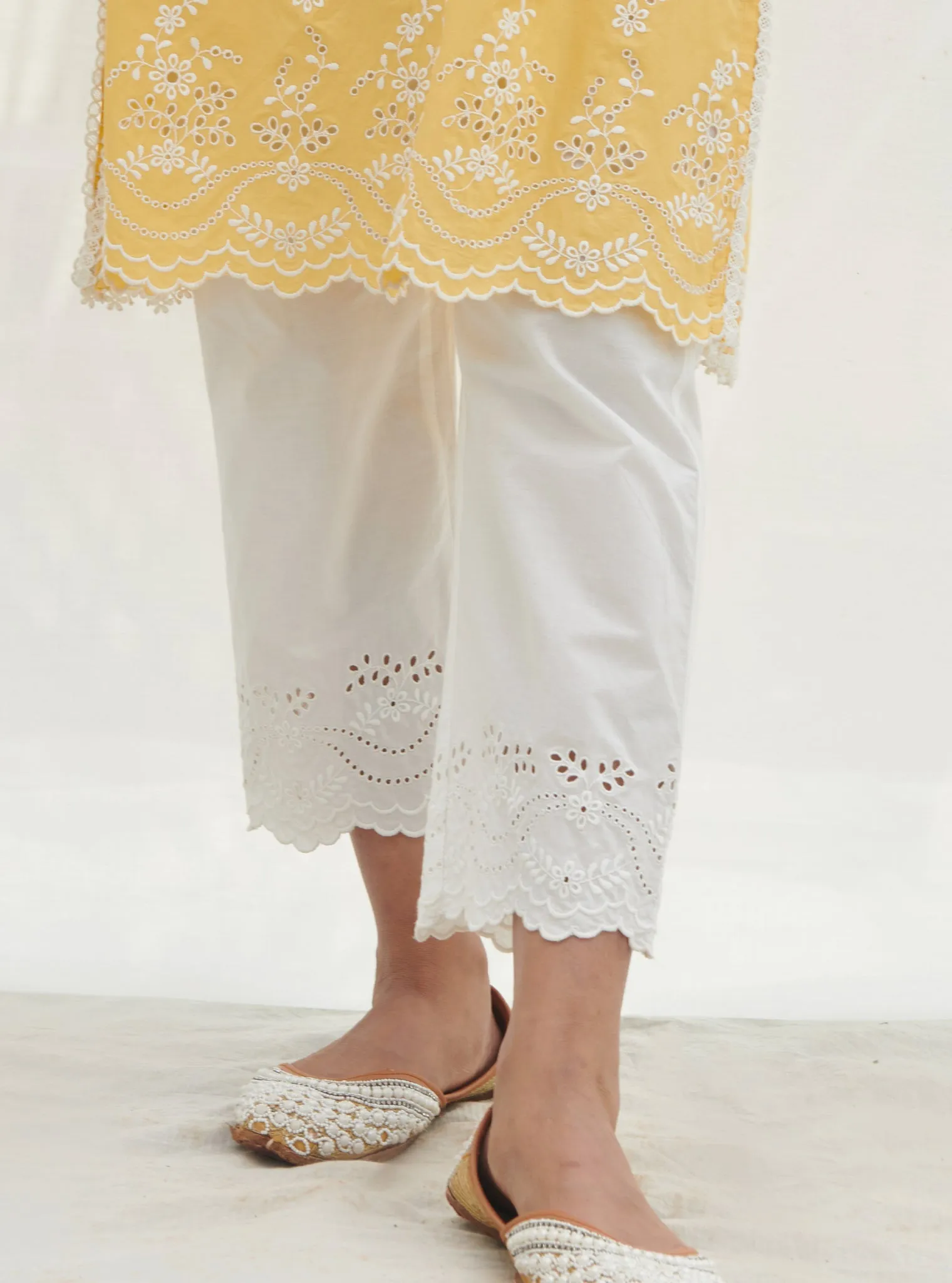 Mulmul Cotton Satari Yellow Kurta With Mulmul Cotton Satari White Pant