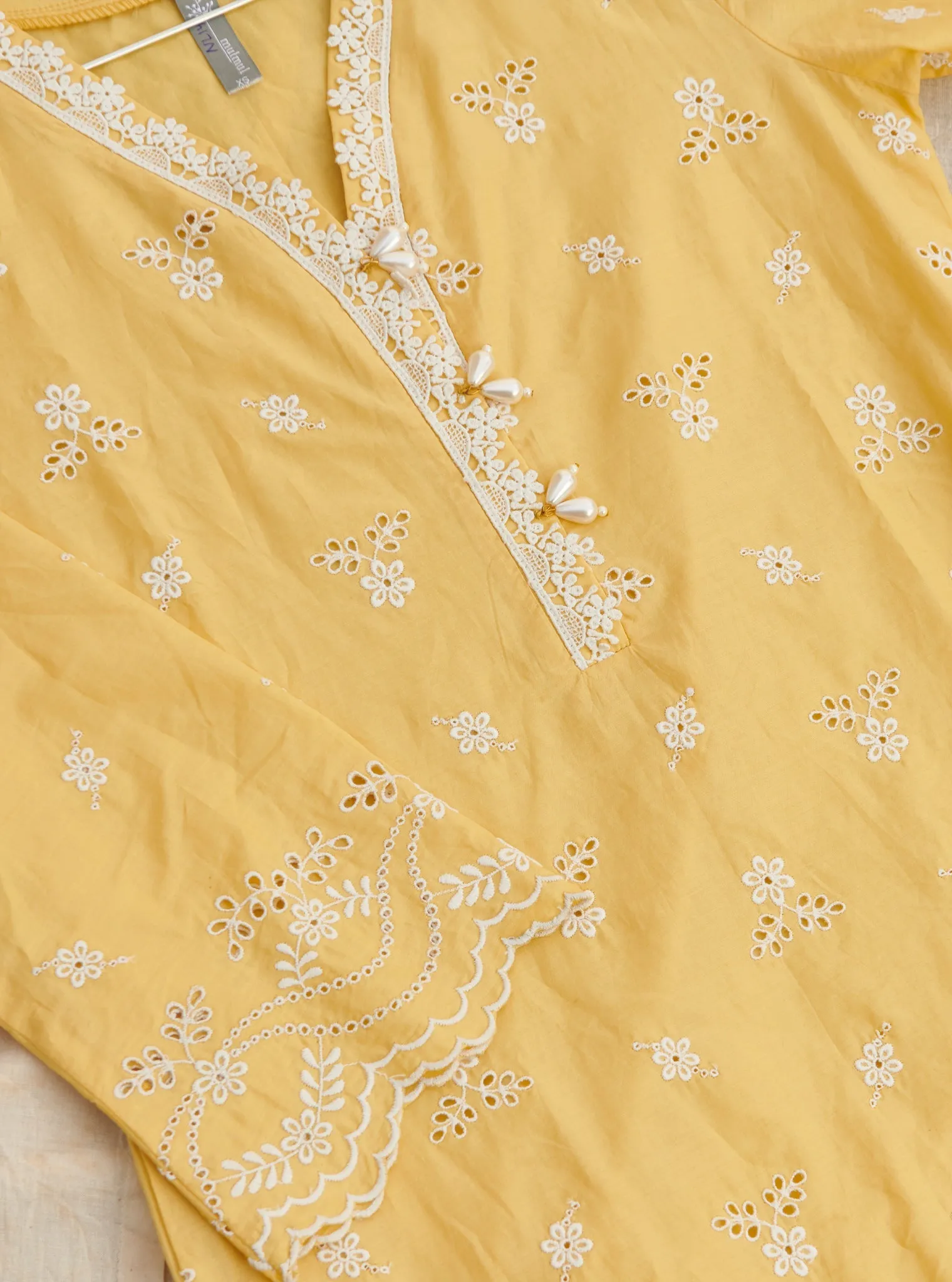 Mulmul Cotton Satari Yellow Kurta With Mulmul Cotton Satari White Pant
