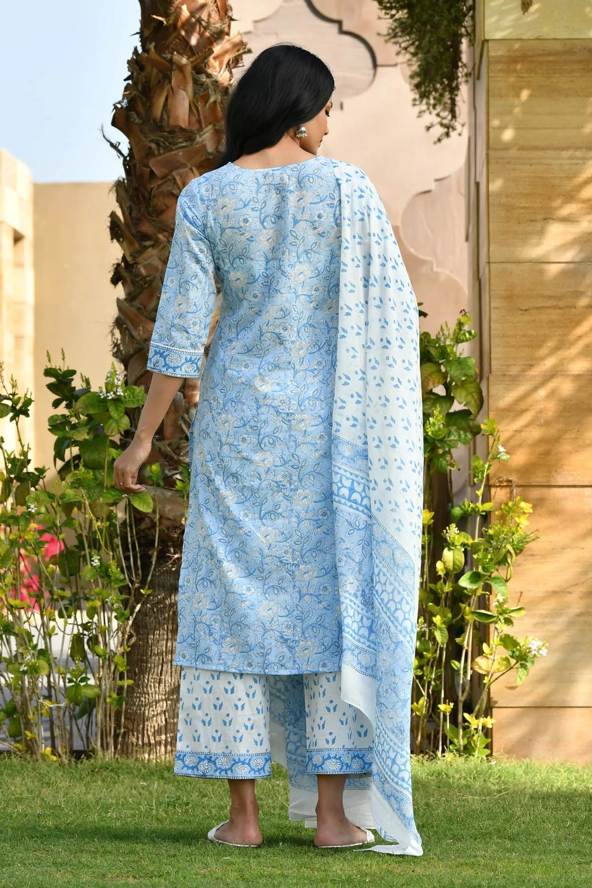 MULMUL MAGADHI BLOCK PRINTED KURTA-PANTS & DUPATTA SET