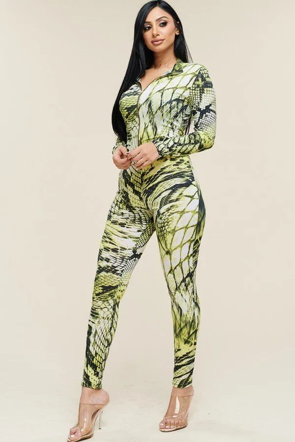 Multi Color Print Long Sleeve Zipper Front Jumpsuit