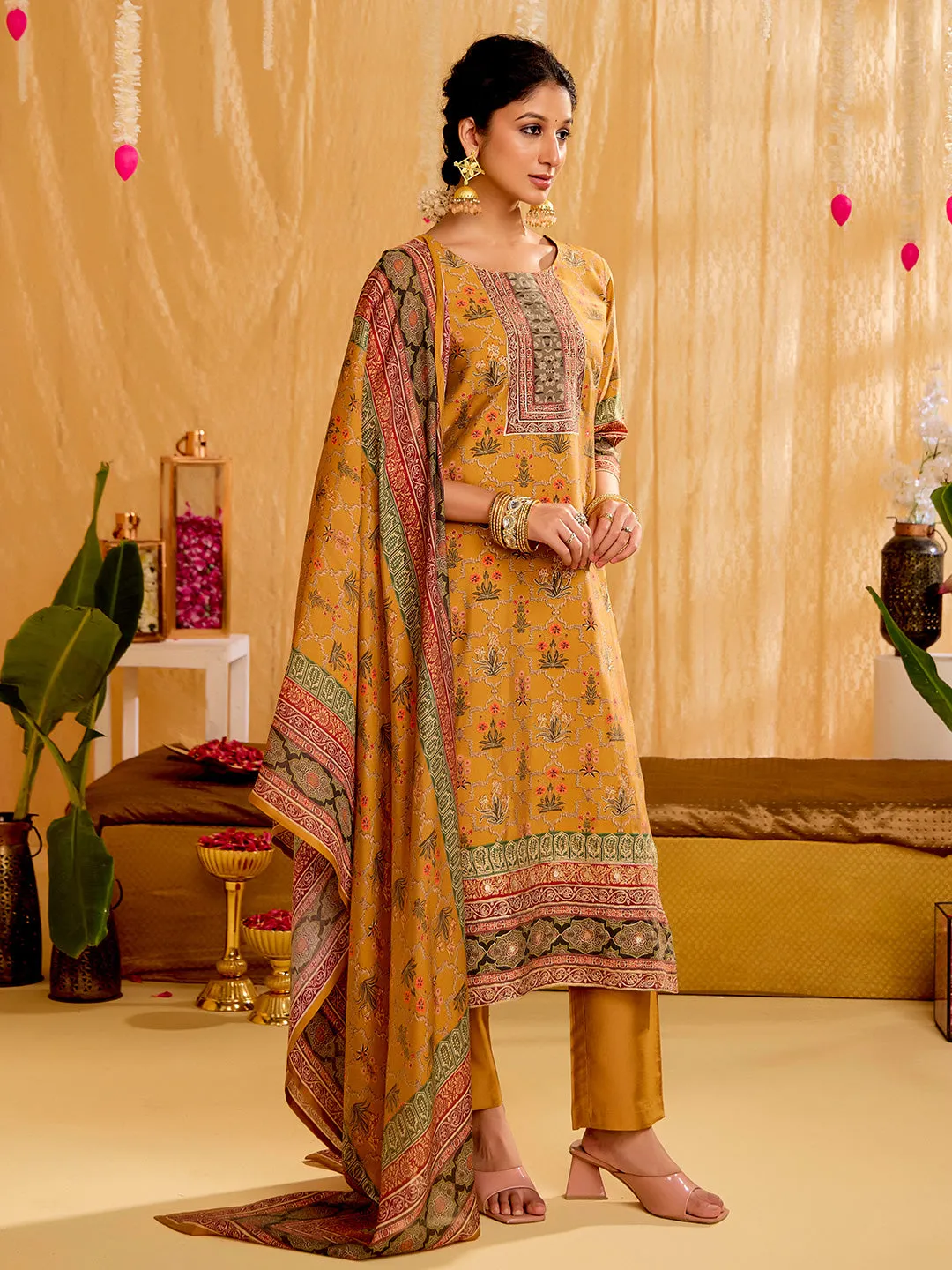 Mustard Embellished Ethnic Printed Festive  Kurta Set With Dupatta