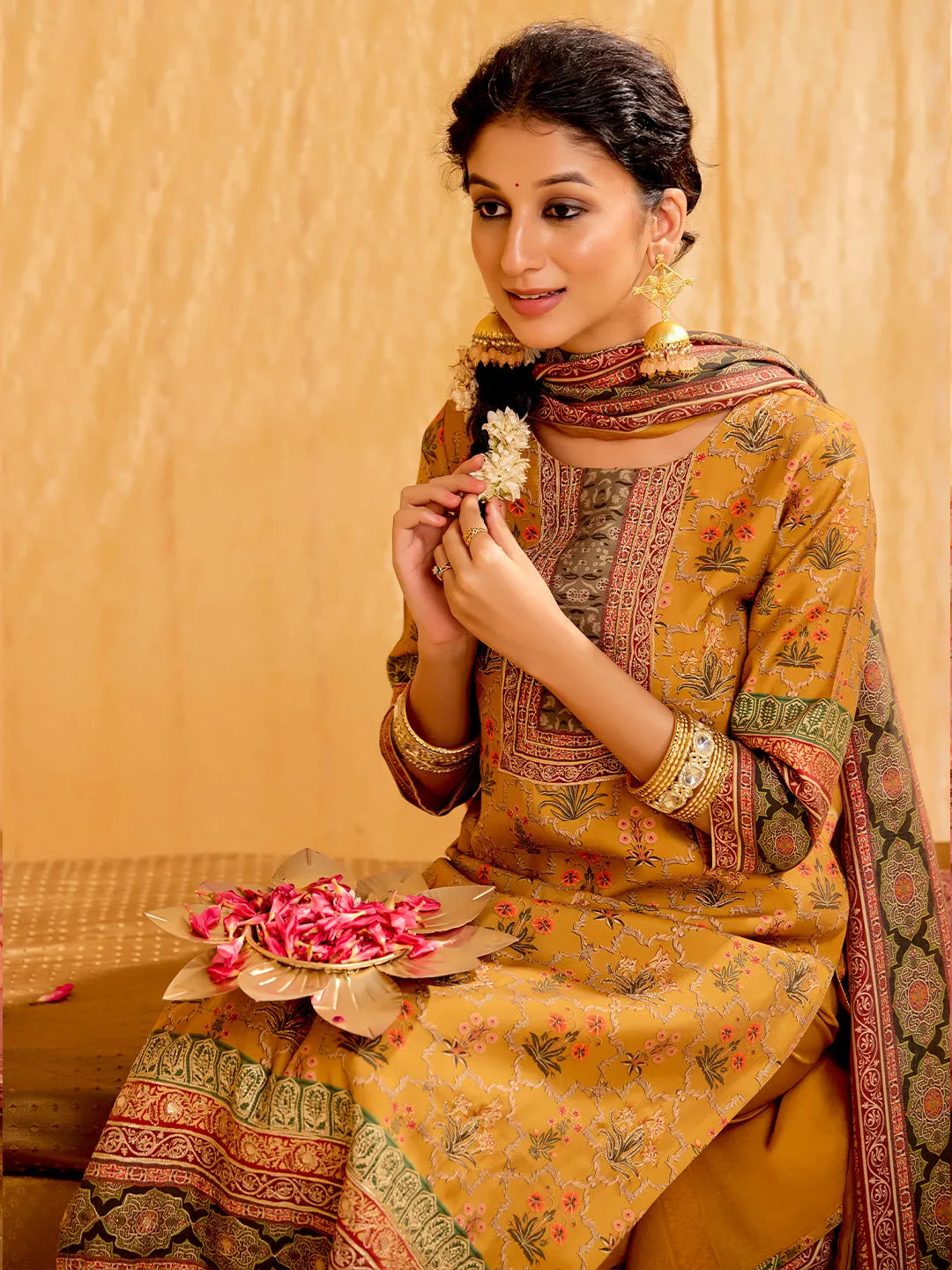 Mustard Embellished Ethnic Printed Festive  Kurta Set With Dupatta