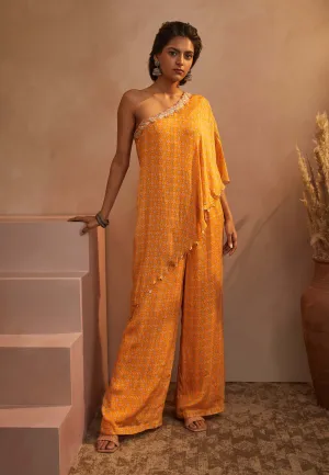 Mustard Printed One Shoulder Jumpsuit