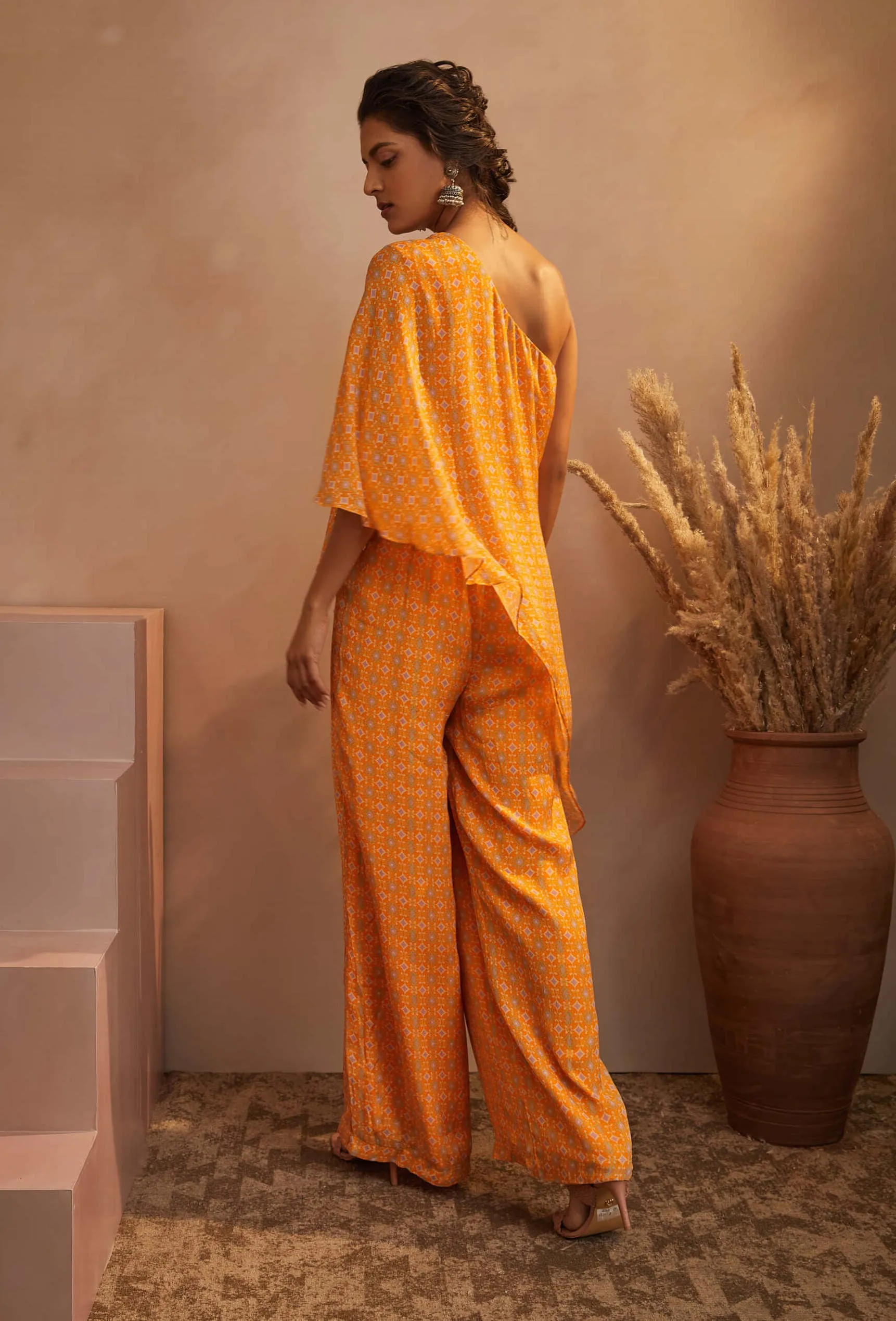 Mustard Printed One Shoulder Jumpsuit