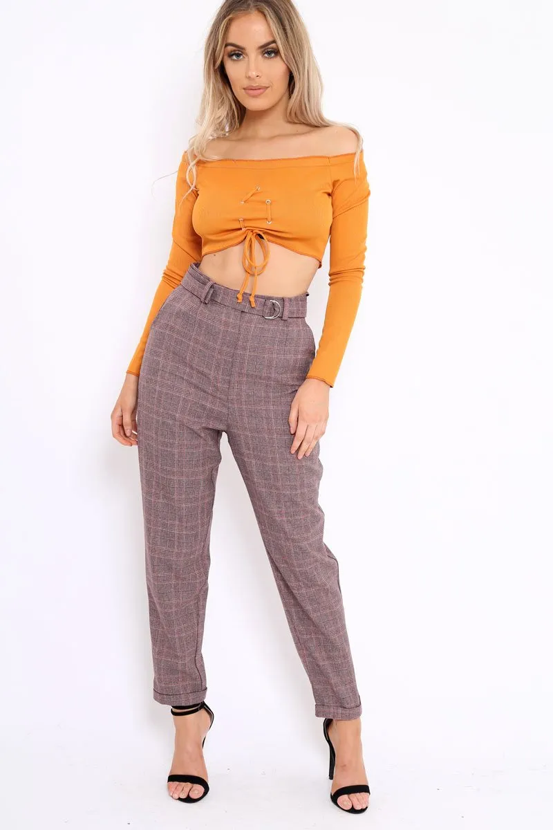Mustard Ribbed Lace Up Front Crop Top - Emmy