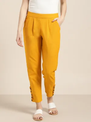 Mustard Solid Cotton Slub Pants