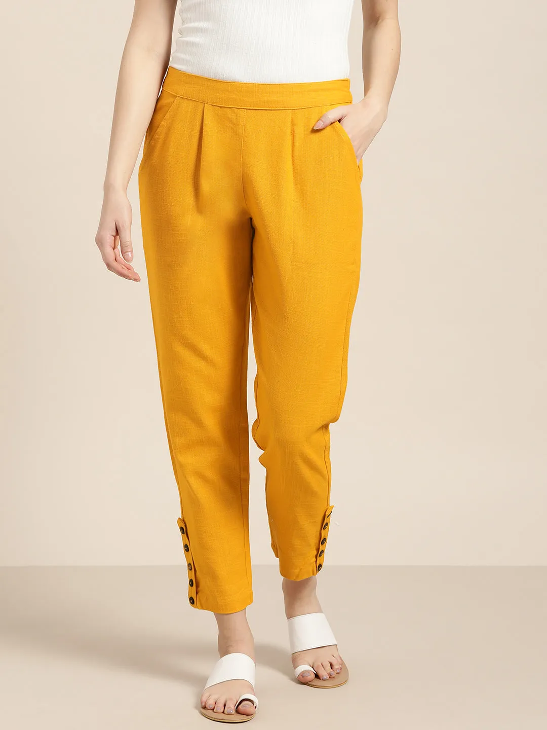 Mustard Solid Cotton Slub Pants