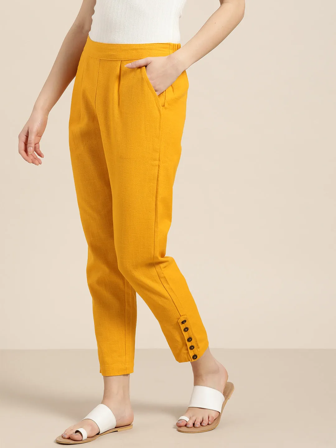 Mustard Solid Cotton Slub Pants