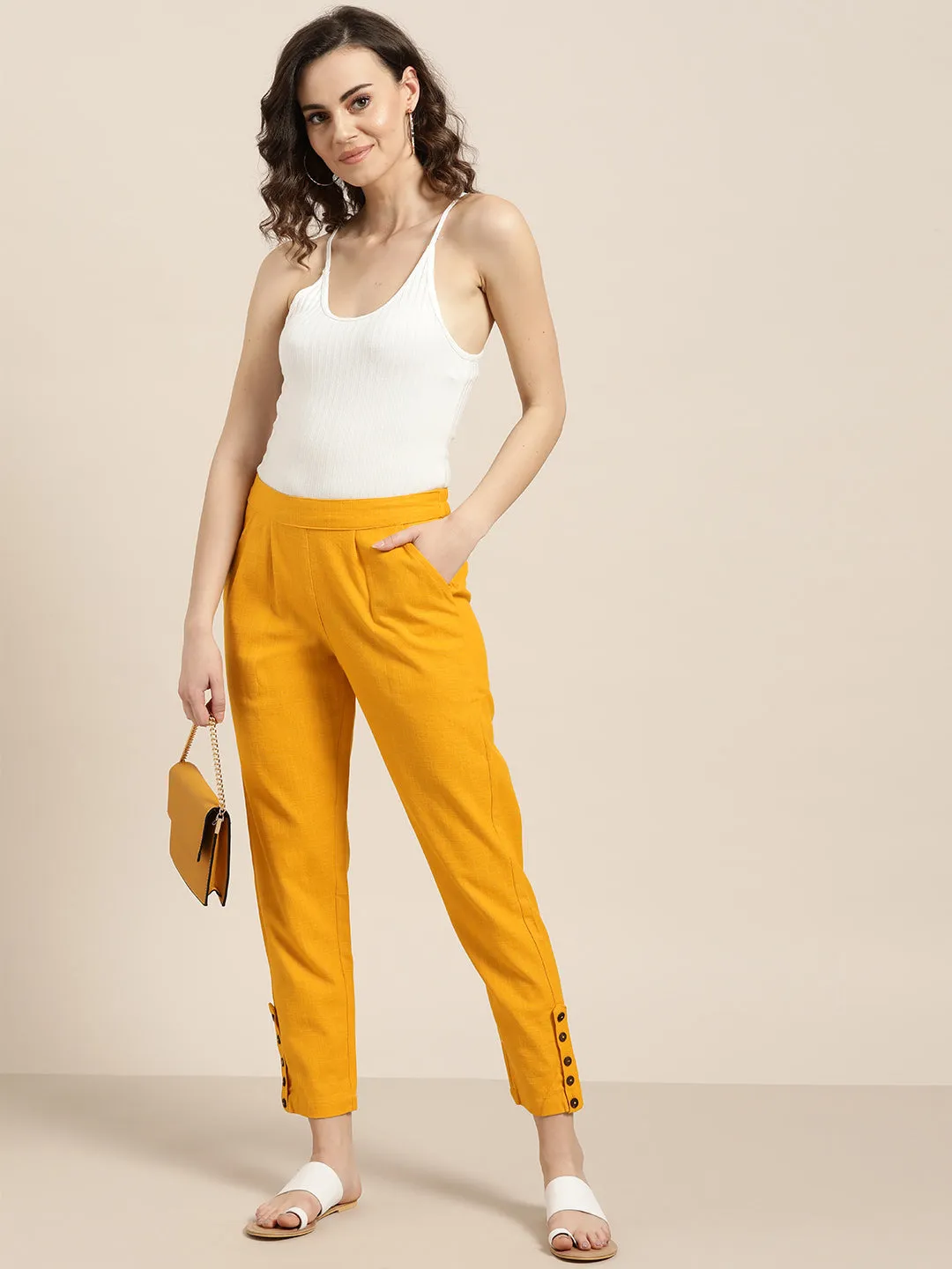 Mustard Solid Cotton Slub Pants