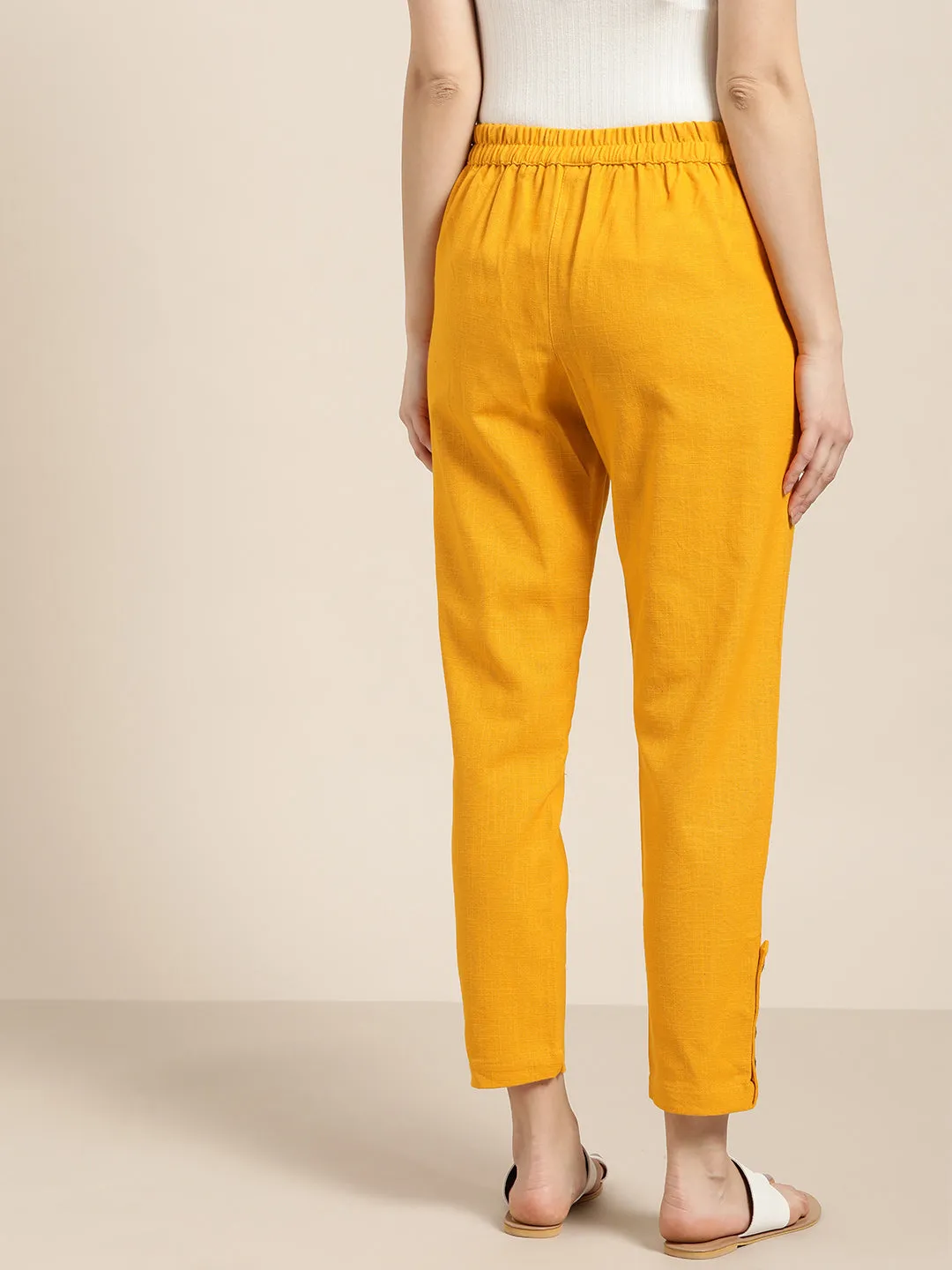 Mustard Solid Cotton Slub Pants