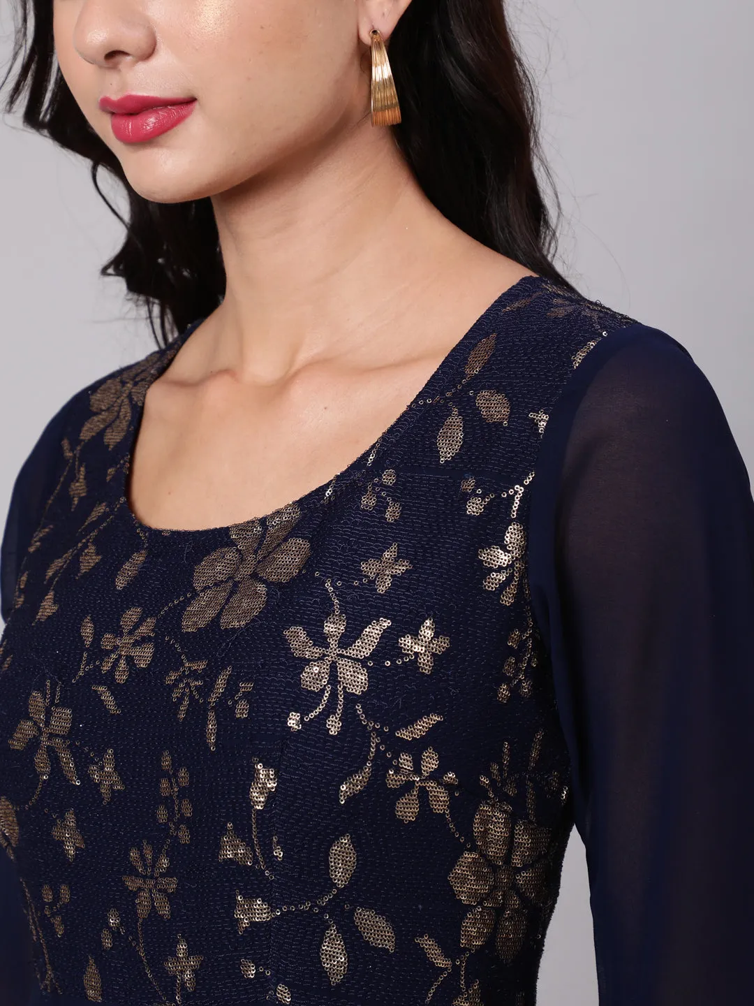 Navy Blue Sequined Box Pleated Maxi Dress