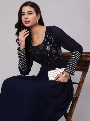 Navy Blue Sequined Box Pleated Maxi Dress