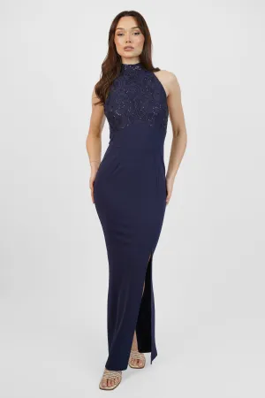 Navy Sequin Lace Halterneck Maxi Dress
