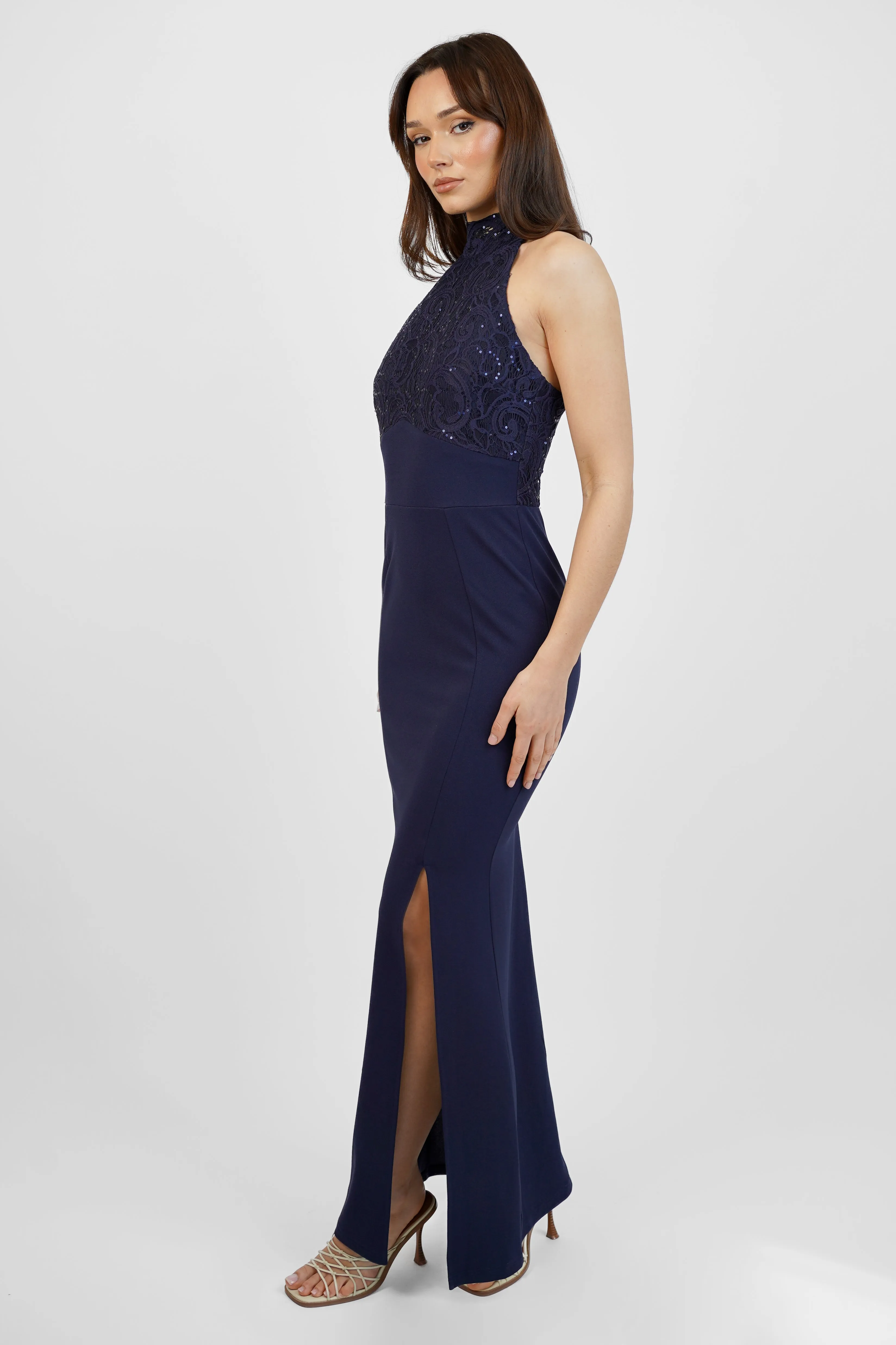 Navy Sequin Lace Halterneck Maxi Dress