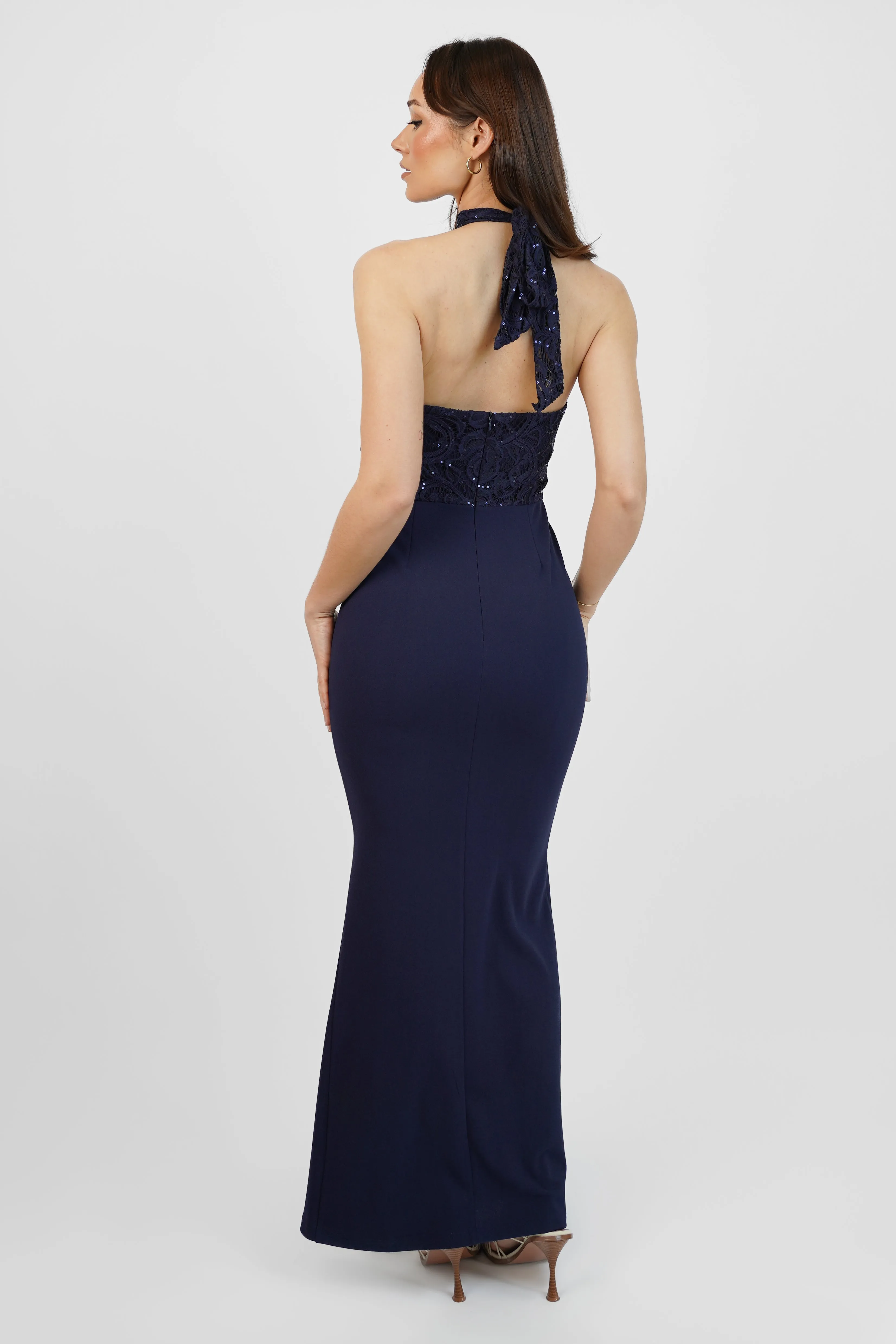 Navy Sequin Lace Halterneck Maxi Dress